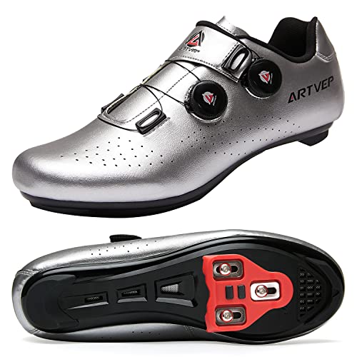 ARTVEP Herren Radschuhe Damen MTB Fahrradschuhe Kompatibel mit Look SPD SPD-SL Delta Lock Pedal Reitschuhe Kompatibel mit Peloton Schuhen Silber EU 46/280 von ARTVEP