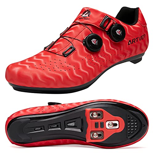 ARTVEP Herren Radschuhe Damen MTB Fahrradschuhe Kompatibel mit Look SPD SPD-SL Delta Lock Pedal Reitschuhe Kompatibel mit Peloton Schuhen Streifen Rot EU 39/245 von ARTVEP