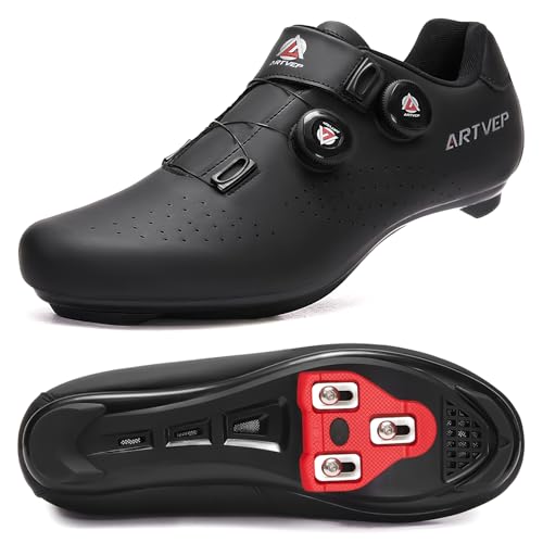 ARTVEP Herren Radschuhe Damen MTB Fahrradschuhe Kompatibel mit Look SPD SPD-SL Delta Lock Pedal Reitschuhe Kompatibel mit Peloton Schuhen Streifen Alles schwarz EU 39/245 von ARTVEP