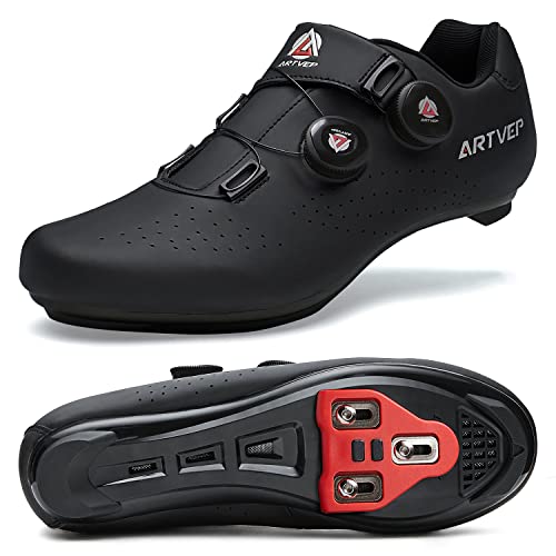 ARTVEP Herren Radschuhe Damen MTB Fahrradschuhe Kompatibel mit Look SPD SPD-SL Delta Lock Pedal Reitschuhe Kompatibel mit Peloton Schuhen Streifen Alles schwarz EU 42/260 von ARTVEP