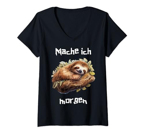 Damen Morgenmuffel Sloth Spruch lustiges Langschläfer Faultier T-Shirt mit V-Ausschnitt von ARTX / "Mache ich morgen" Faultier