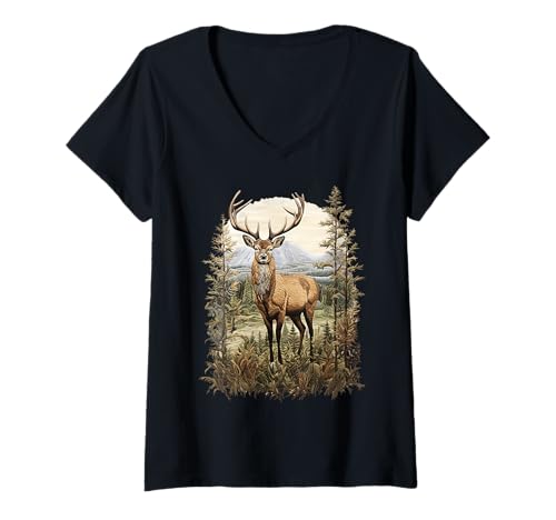 Damen Vintage Hirsch Wildtier Waldtier Geweih Wald Reh Hirsch T-Shirt mit V-Ausschnitt von ARTX