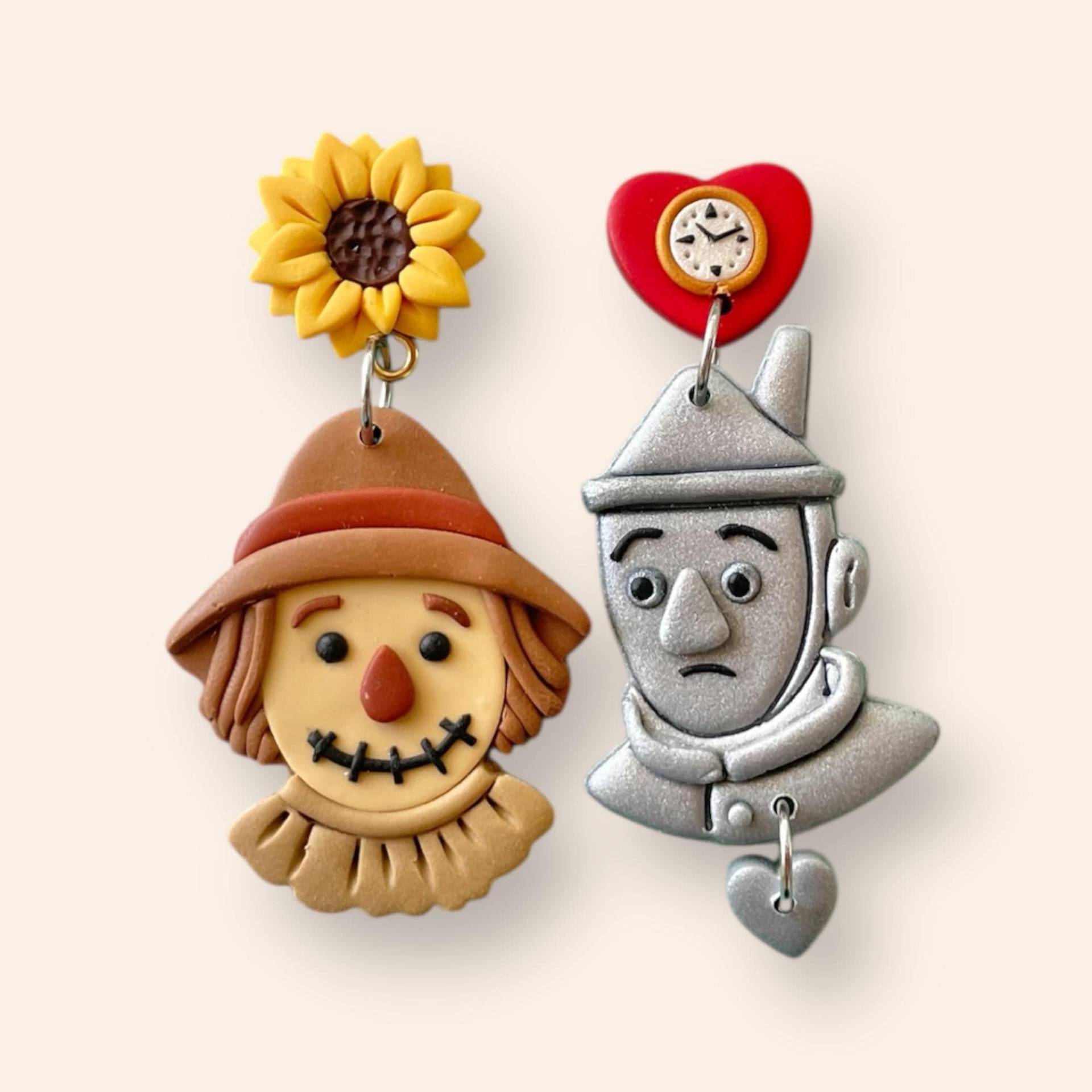 Vogelscheuche & Tinman Ohrringe - Zauberer Von Oz Mismatched Fimo Schmuck Sonnenblume Ohrstecker Herz Handgemachtes Geschenk von ARTsyShinyCloud
