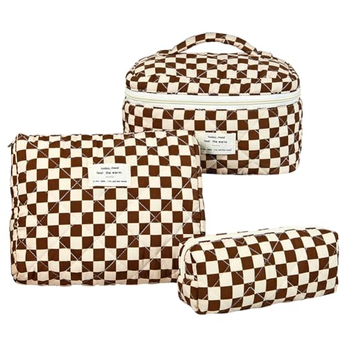 3PCS -Baumwoll -Make -up -Beutel Set große Karierte Kosmetiktaschen for Frauen Mädchen (braun) von ARVALOLET