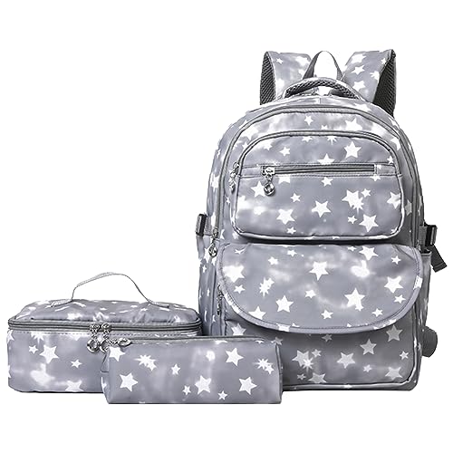 ARVALOLET 3Pcs Kawaii Rucksäcke mit Mittagessen Tasche & Bleistift Fall Doppel Umhängetasche Set Stern Gedruckt Multifunktional für Elementary Middle Kids, grau, 430*300*150mm/16.93*11.81*5.91inch, von ARVALOLET