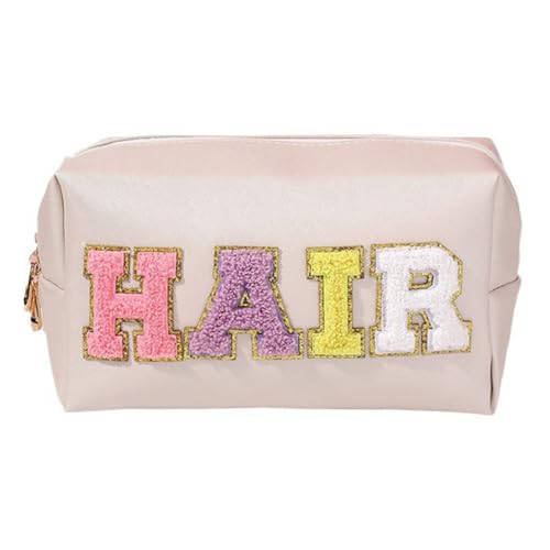 ARVALOLET Chenille-Buchstaben Make-up-Tasche, PU Preppy-Patch Handtasche, Tragbare Kosmetiktasche for Reisen von ARVALOLET