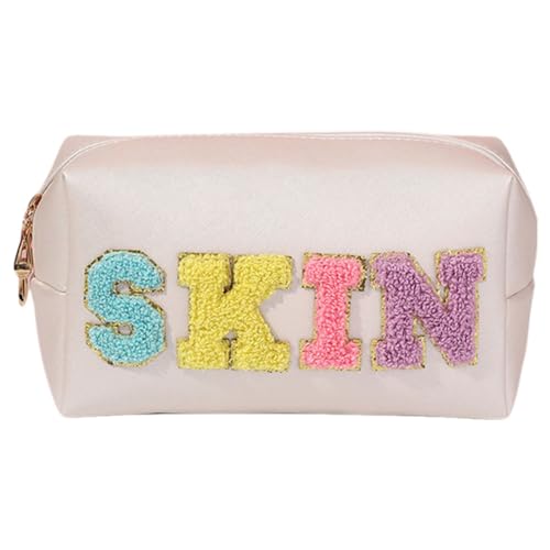 ARVALOLET Chenille-Buchstaben Make-up-Tasche, PU Preppy-Patch Handtasche, Tragbare Kosmetiktasche for Reisen von ARVALOLET