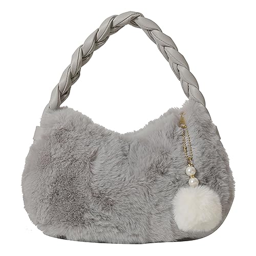 ARVALOLET Damen-Clutch aus Plüsch, einfarbig, pelzige Unterarmtasche, vielseitige Kunstfell-Hobo-Tasche, PU-Geflechtriemen mit flauschigem Perlenanhänger, Geschenke for Freunde von ARVALOLET