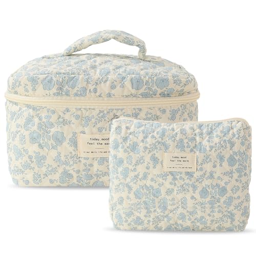 ARVALOLET Damen Kosmetiktasche Set, 2-teilige Gesteppte Make-up-Tasche, Große Kapazität, Baumwollstoff Kulturtasche Blumenmuster von ARVALOLET