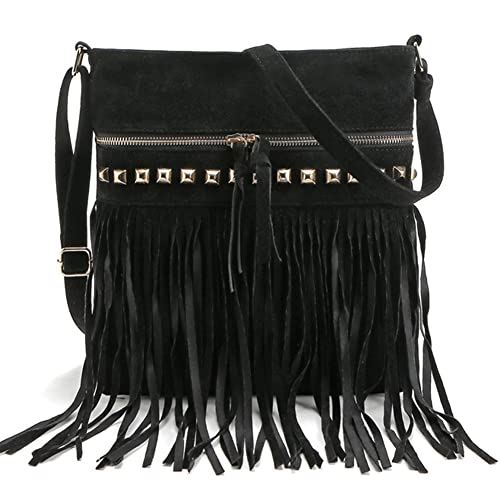 ARVALOLET Faux Wildleder Umhängetasche Frauen Retro Schulter Crossbody Tasche Fransen Quaste Einfarbig Hippie Stil Verziert Nieten Reise Straße, Schwarz, 25 * 11 * 18 cm von ARVALOLET