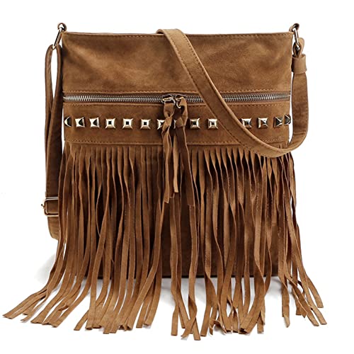 ARVALOLET Faux Wildleder Umhängetasche Frauen Retro Schulter Crossbody Tasche Fransen Quaste Einfarbig Hippie Stil Verziert Nieten Reise Straße, braun, 25 * 11 * 18 cm von ARVALOLET