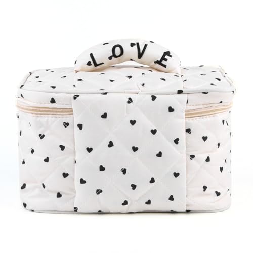 ARVALOLET Gesteppte Make-up-Tasche, einfache Kosmetiktasche, große Kapazität, Make-up-Organizer, Baumwolle, Herzmuster, Make-up-Aufbewahrungstasche von ARVALOLET