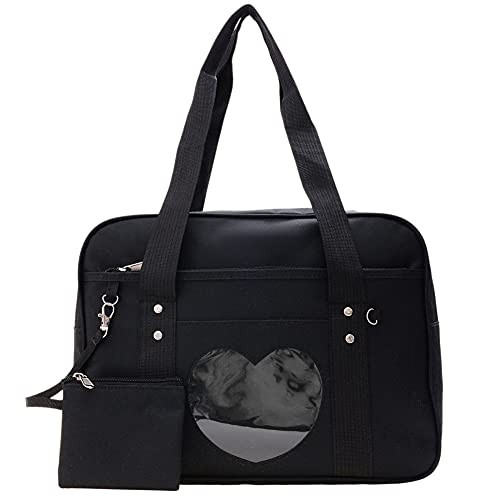 ARVALOLET Ita Bag Herz Japanische Tasche Nette Frauen Klares Herz Patchwork Kawaii Große Umhängetasche Leinwand Handtasche Frauen Laptop Tote Reisetasche Anime Schultasche JK Tasche Reisetasche von ARVALOLET