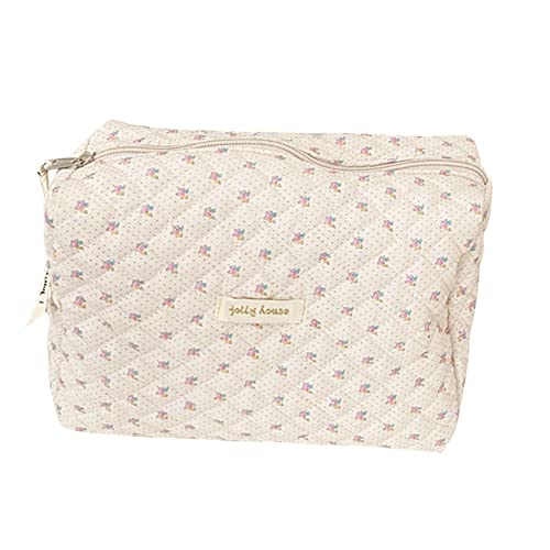 ARVALOLET Karierte Kosmetiktasche Reißverschluss Koreanisch Gesteppt Reise Organizer Tragbare Clutches Tasche Blumendruck Große Kapazität for Damen, beige, modisch von ARVALOLET