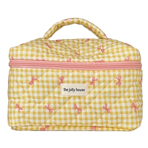 ARVALOLET Karierte Make-up-Organizer-Aufbewahrungstasche mit niedlicher Schleife und Reißverschluss, Kosmetik-Organizer-Etui, Gesteppte Hautpflegetasche aus Baumwolle for Frauen und Mädchen von ARVALOLET