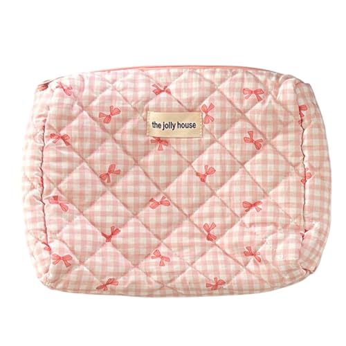 ARVALOLET Karierte Make-up-Tasche mit niedlicher Schleife und Reißverschluss, Make-up-Organizer, Aufbewahrungstasche, Baumwolle, gesteppt, Kosmetik-Organizer-Etui for Frauen und Mädchen von ARVALOLET