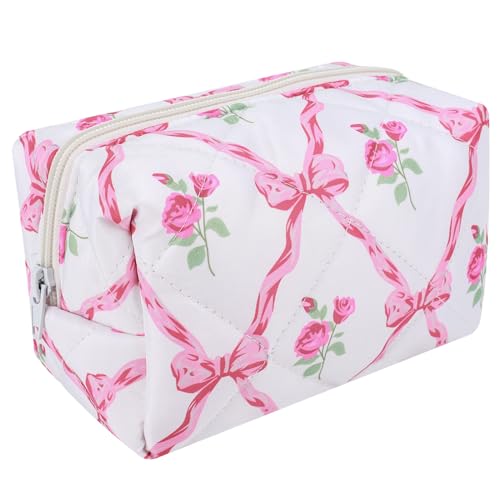 ARVALOLET Kulturbeutel mit niedlicher Schleife und Blumenmuster, mit Reißverschluss, Make-up-Organizer, Aufbewahrungstasche, Kosmetik-Organizer for Frauen und Mädchen von ARVALOLET