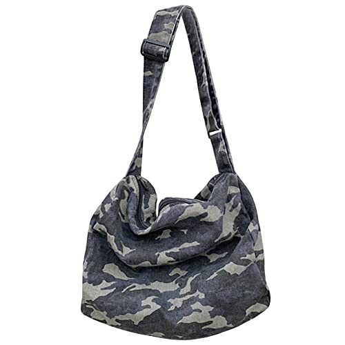 ARVALOLET Lässige Retro Schulranzen Camouflage Canvas Hobo Crossbody Tasche Große Kapazität Japanisch Waschbar Reißverschluss for Freizeit Reisen Einkaufen Handtasche, Weiß, schwarz (optional), von ARVALOLET