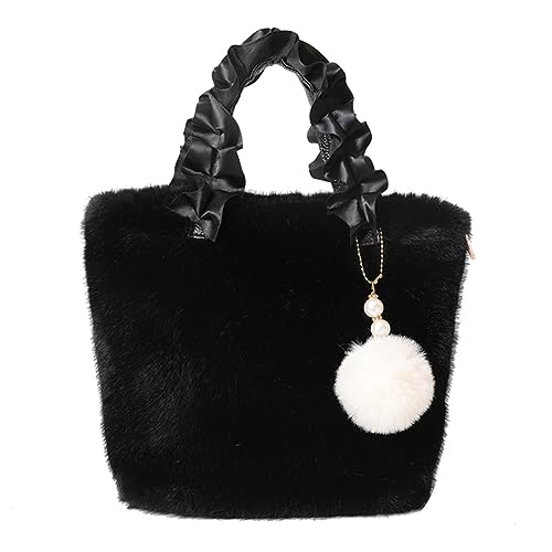 ARVALOLET Mini-Einkaufstasche for Damen, einfarbig, Plüsch, kleine Tasche, Reißverschluss, flauschige Handtasche mit Fellknäuel-Anhänger, pelzige Umhängetasche for Shopper-Reisen von ARVALOLET