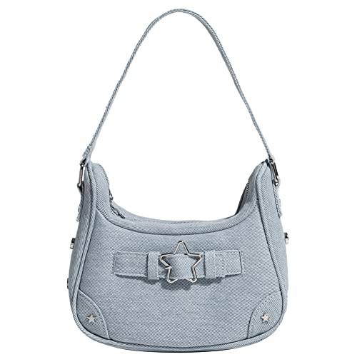 ARVALOLET Schultertasche for Damen, Vintage-Mini-Handtaschen, Y2K, Denim-Stern, Clutch, kleine Handtasche, kleine Schultertasche mit Reißverschluss for Frauen, blau, 300*170*100mm von ARVALOLET