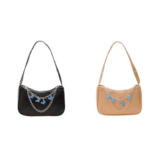ARVALOLET Vintage Damen Handtasche mit Schmetterling Kette, PU Leder Schultertasche, Einfarbige Unterarmtasche, Kleine Geldbörse von ARVALOLET