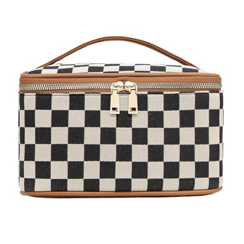 Leder tragbarer Karierte Kosmetikbeutel Frauen Reisen Griff Toilettenbeutel (braun) von ARVALOLET