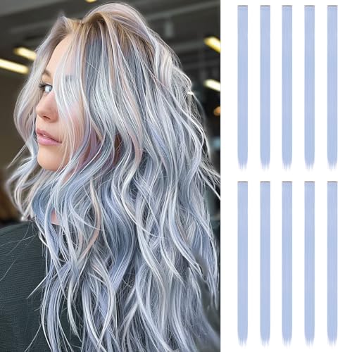 10 Stück Haarsträhnen zum Einklipsen | 55 cm Farbige Clip in Extensions | Langes glattes Bunte Haarsträhnen Kinder | Haarschmuck Mädchen (Eisblau) von ARWIG
