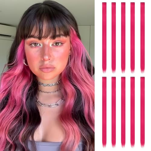 10 Stück Haarsträhnen zum Einklipsen | 55 cm Farbige Clip in Extensions | Langes glattes Bunte Haarsträhnen Kinder | Haarschmuck Mädchen (Rosenrot) von ARWIG