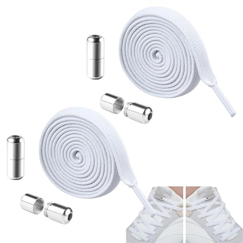 ARYIMYDP 2 Paar Elastische Schnürsenkel Weiß Schnürsenkel Ohne Binden, Frei Zuschneidbar Flach, mit Metallkapsel für Kinder Erwachsene Schuhe von ARYIMYDP