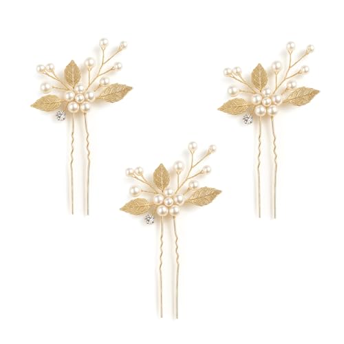 ARYIMYDP 3 Stücke Gold Blatt Haarspangen mit Perlen Haarschmuck Hochzeit, Elegant Hochzeit Haarnadeln für Hochzeitsfrisur & Ball (Gold) von ARYIMYDP