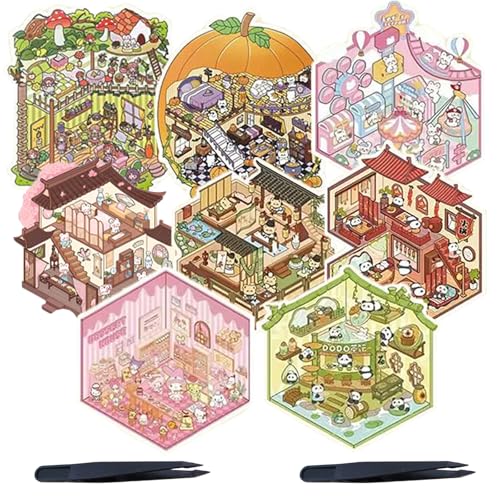 ARYIMYDP 8 Sets 3D Aufkleber-Szenen mit 2 Pinzetten, Miniatur Sticker für Erwachsene und Kinder, Kreativset für DIY Alben und Tagebücher, Premium Qualität Aufkleber von ARYIMYDP
