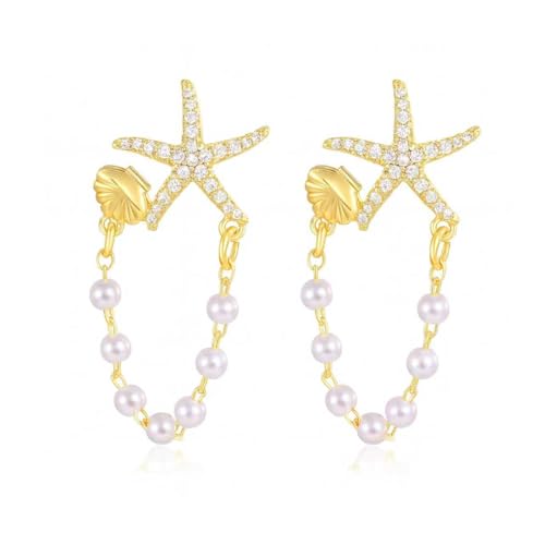 ARYIMYDP Goldene Seestern Muschel Ohrringe Damen mit Perlen, Vergoldet Statement Schmuck, Elegante Hängende Ohrringe für Strand und Abend von ARYIMYDP