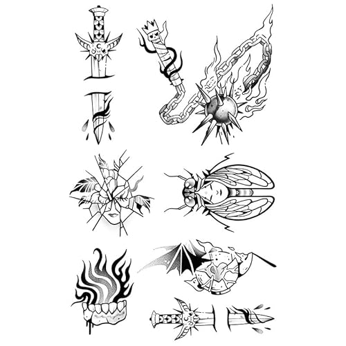 ARYU 5 StüCk DäMonischer Meteorhammer KräUtertattoo-Aufkleber Wasserdichter, Langlebiger, Nicht Reflektierender Arm Gebrochenes Schwert-Aufkleber FüR MäNner 11 × 18 Cm von ARYU