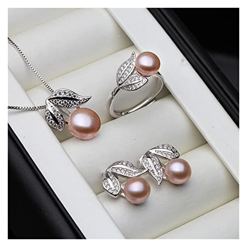ARrase Mode-Accessoires Schwarze Perlenkette Ohrringe Schmucksets for Frauen, 925er Sterlingsilber-Blattperlen-Set erfüllen (Size : Grey pearl set) von ARrase