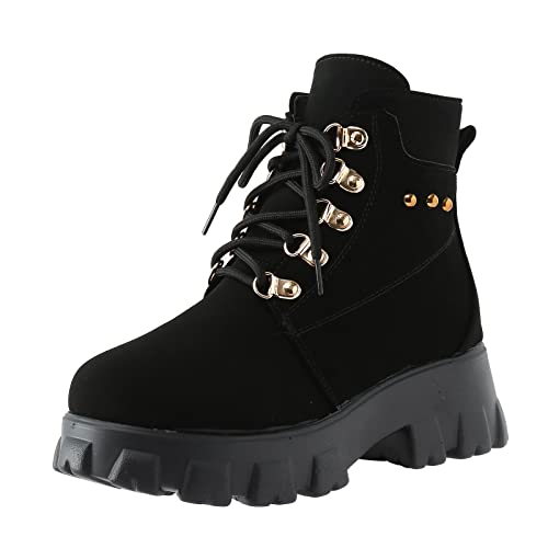 ARtray Biker Boots Damen Rutschfeste Plateau Stiefel Stiefeletten Damen Leder Frauen Round Toe SchnüRstiefel Mode Vielseitig Freizeitstiefel Hohe ElastizitäT Winterstiefel Minimalistisch von ARtray