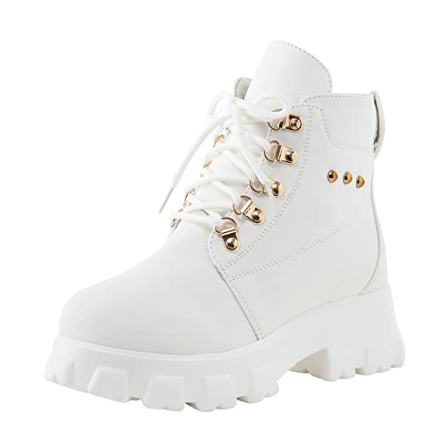 ARtray Biker Boots Damen Rutschfeste Plateau Stiefel Stiefeletten Damen Leder Frauen Round Toe SchnüRstiefel Mode Vielseitig Freizeitstiefel Hohe ElastizitäT Winterstiefel Minimalistisch von ARtray