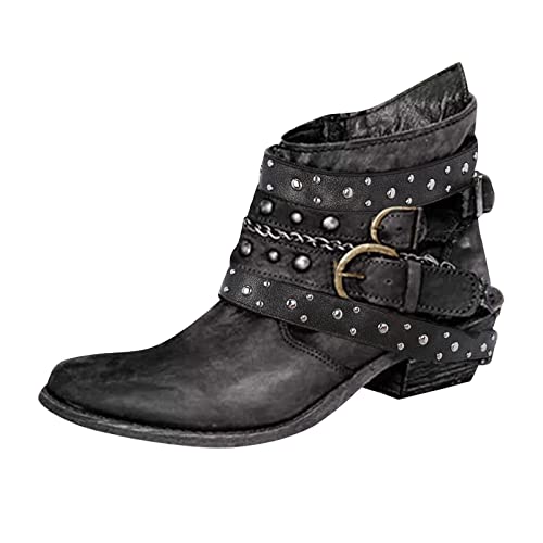 ARtray Damen Walking Stiefeletten Damen Square Heel Nagel Dekoration Dressy Party Schuhe Mode Retro Gürtelschnalle Kette Schuhe Mit Seitlichem Reißverschluss Damen Motorrad Casual Stiefel Straße von ARtray