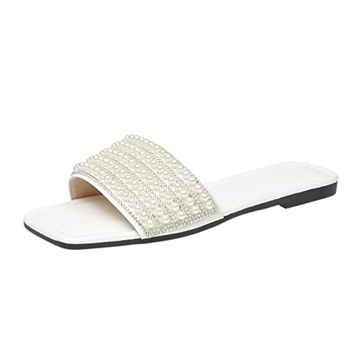 ARtray Schuhe Breite Füße Damen Herbst Frauen Hausschuhe Sommer Muster Mode Perle dekorative flache Unterseite bequeme rutschfeste vielseitige Strandsandalen Schnee Schuhe Damen (White, 38) von ARtray