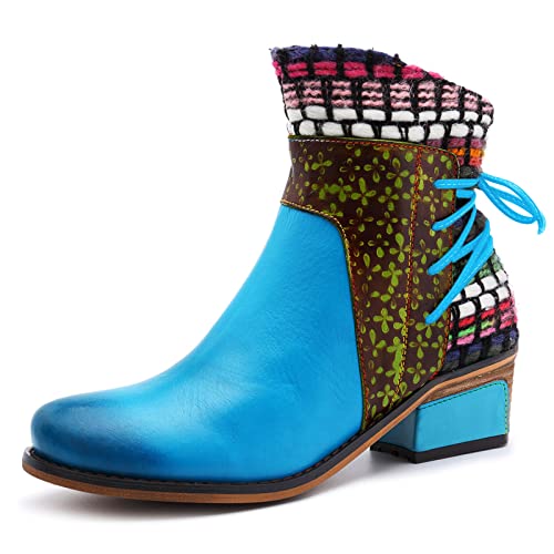 Stiefeletten Damen Leder Kurze Stiefel Stiefel Damen Mit Absatz Retro Roman Freizeitschuhe Mit Ethnischer Stil Muster Mode Patchwork Seitlicher ReißVerschluss Runde Zehe Party Schuhe von ARtray