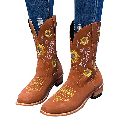 Western Cowgirl Cowboystiefel für Frauen, Plattform Mitte der Wade Stiefel, Mode bunt bestickte Tanzschuhe für Mädchen, Damen Casual Smart Party Schuhe Booties, perfekt für Dating und Alltag, khaki, von ARtray