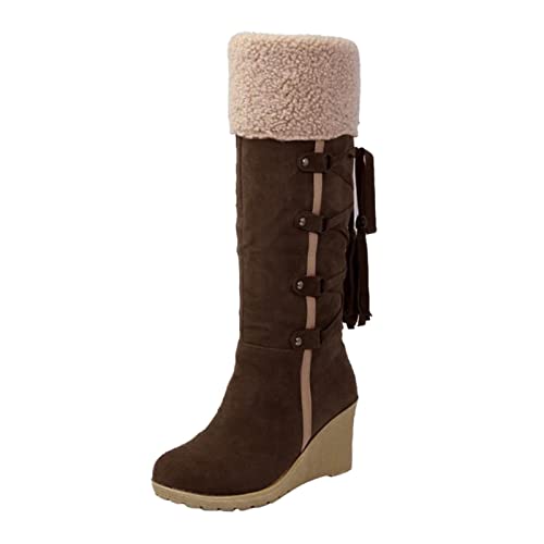 Winterstiefel Damen Warm GefüTtert Winterschuhe Stiefeletten Mode Bequeme Keile Stiefeletten Retro Round-Toe Langschaftstiefel Mit Hoch Absatz Frauen Casual Smart Ferienparty Schuhe von ARtray