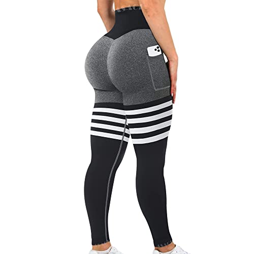 ASAGI Scrunch Butt Lifting Workout Leggings für Frauen Hohe Taille Yoga Hosen Verstärker Fitnessstudio Nahtlose Booty Strumpfhosen, 2#-Taschen, grau, S von ASAGI