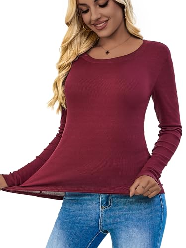 ASAIR Langarm-Shirts für Frauen U-Ausschnitt gerippt Basic Trendy Stretchy Lightweight Tops, Burgunder, Klein von ASAIR