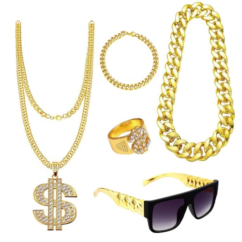 ASANMU Zuhälter Kostüm, 90er 80er Jahre Outfit Herren Hip Hop Disco Kostüm, 5 Stück Rapper Accessoires mit Gangster Goldkette Ringe Sonnenbrille Goldring für Karneval Fasching Mottoparty von ASANMU