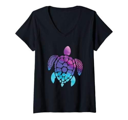 Damen Lila Türkis Schildkröte - auf hellblauen Schildkröten Geschenke Kunst T-Shirt mit V-Ausschnitt von ASBDesigns