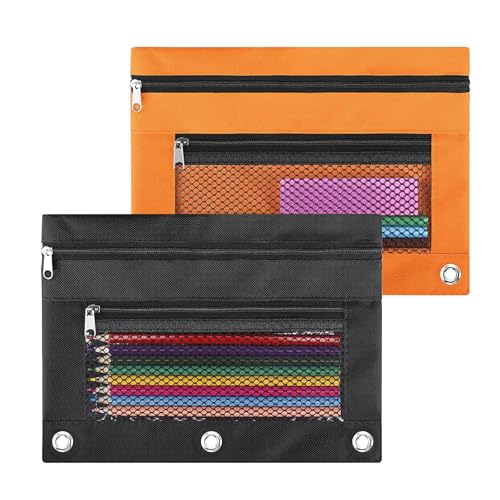 ASBEFORE Federmäppchen für 3-Ringbuch – 3-Loch-Reißverschluss, Stifteetui, Tasche, Halter, Großpackung, Zubehör, transparentes Fenster, ästhetische Organizer-Taschen (Schwarz und Orange, 2) von ASBEFORE