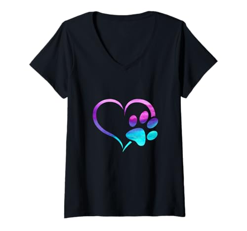 Damen Lila Cyan Hundepfote Druck Herz Griff auf schwarzem Hintergrund T-Shirt mit V-Ausschnitt Damen Lila Cyan Hundepfote Druck Herz Griff auf schwarzem Hintergrund T-Shirt mit V-Ausschnitt von ASBPOD Store
