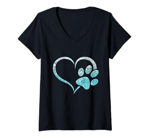 Damen Hellblaue Hundepfotenabdruck-Herz, Liebe, Grün, Minze T-Shirt mit V-Ausschnitt Damen Hellblaue Hundepfotenabdruck-Herz, Liebe, Grün, Minze T-Shirt mit V-Ausschnitt von ASBPOD store