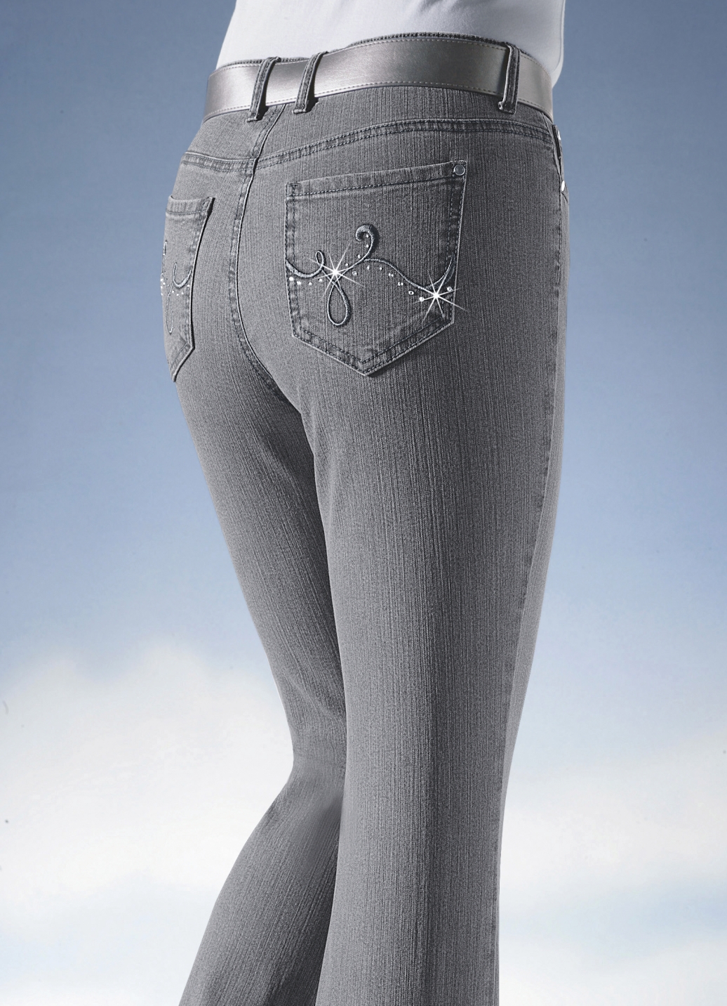 Jeans verziert mit funkelnden Strasssteinen, Hellgrau, Größe 44 von ASCARI