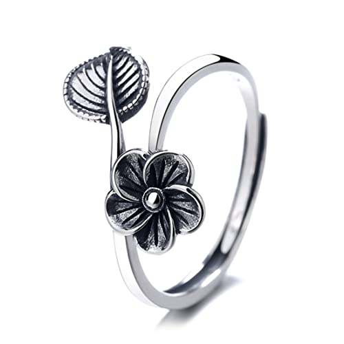 ASCHXUGX Kleine Blume Und Blatt Sterling Silber Offenen Ring, Stilvolle S925 Sterling Silber Ring Für Frauen,Silber,7 von ASCHXUGX